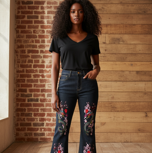Dragon and Floral Art Graphic Women's High-Rise Flared Jeans