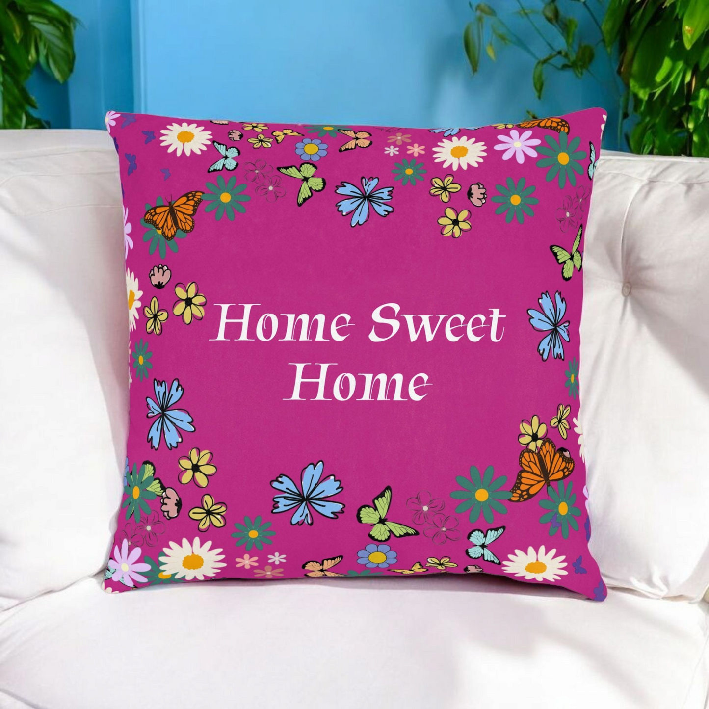Floral Home Sweet Home Square Pillow - Cozy Decor for Living Room & Bedroom