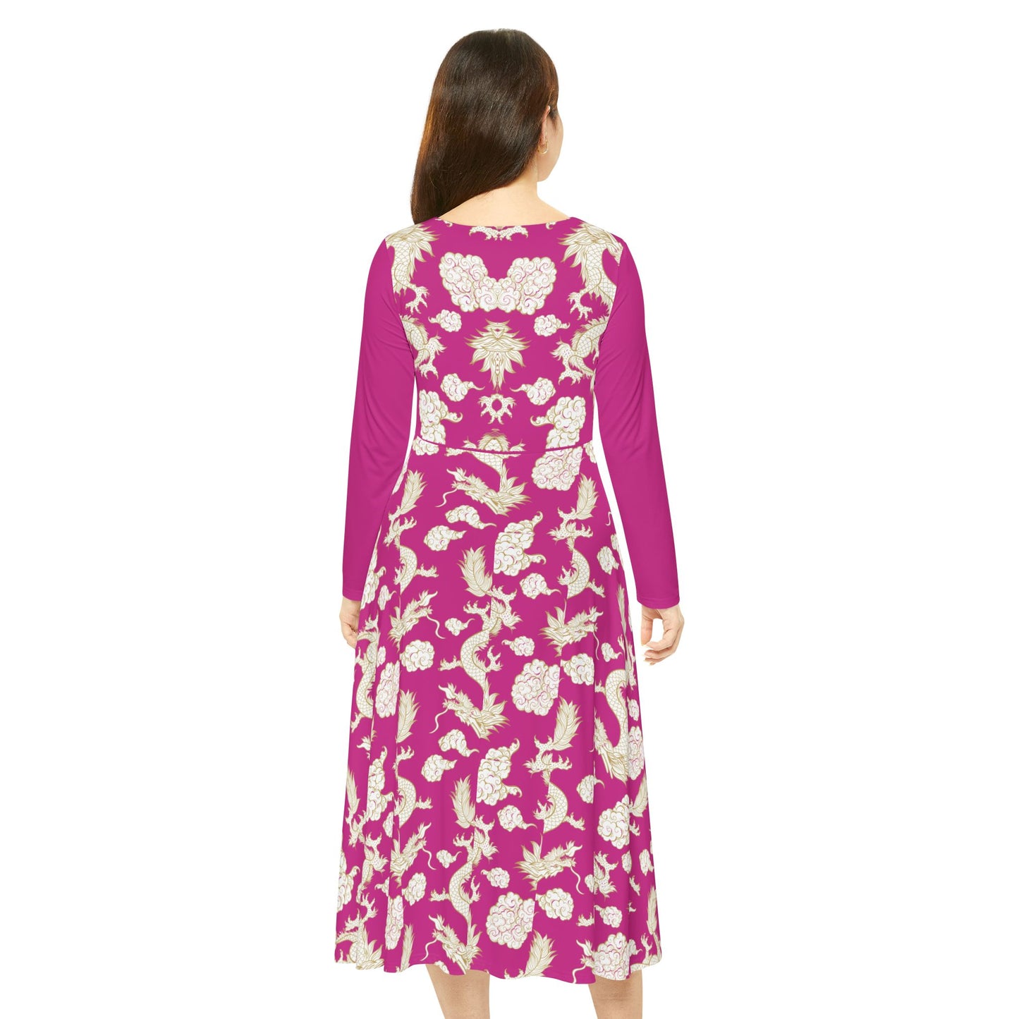 Pink Floral & Gragon Print Long Sleeve Dance Dress | Boho Style, Vintage Inspired