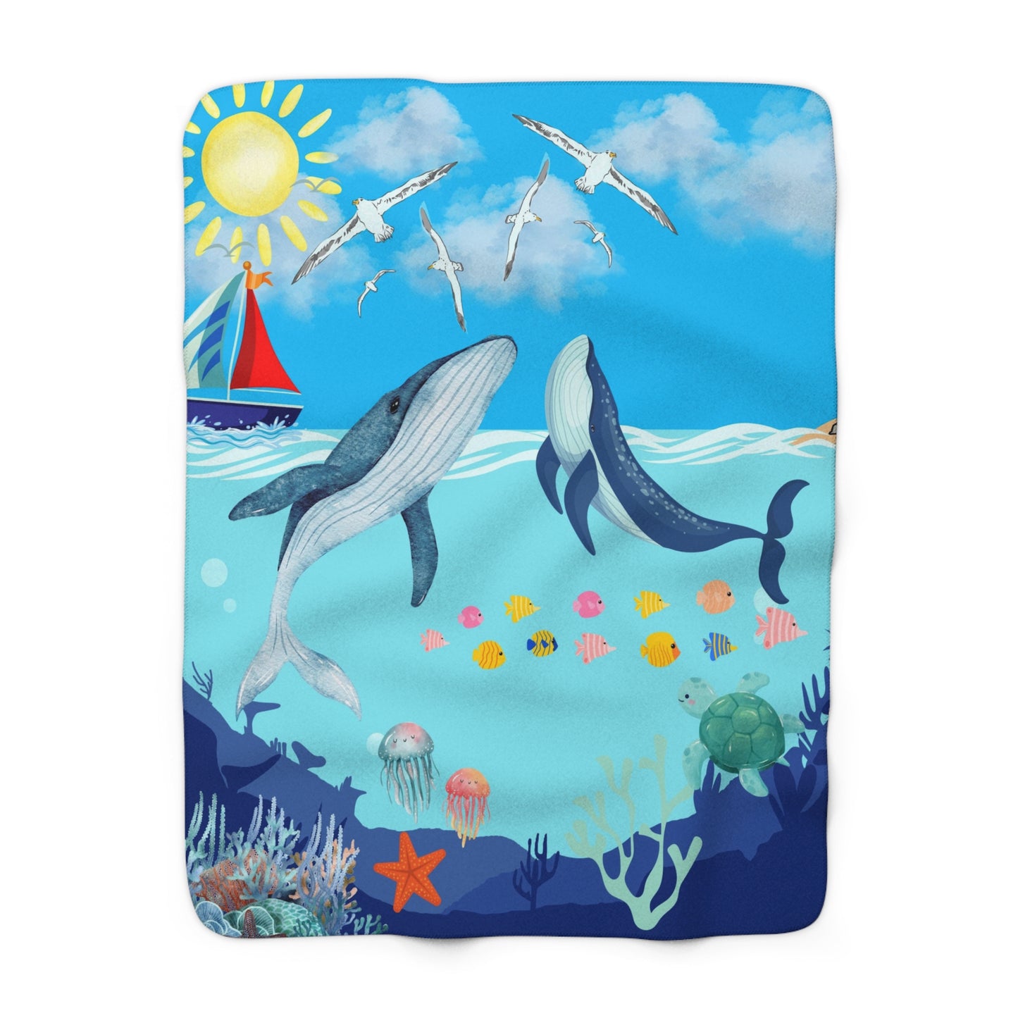 Sherpa Fleece Blanket - Ocean Vibes Whale Design Throw