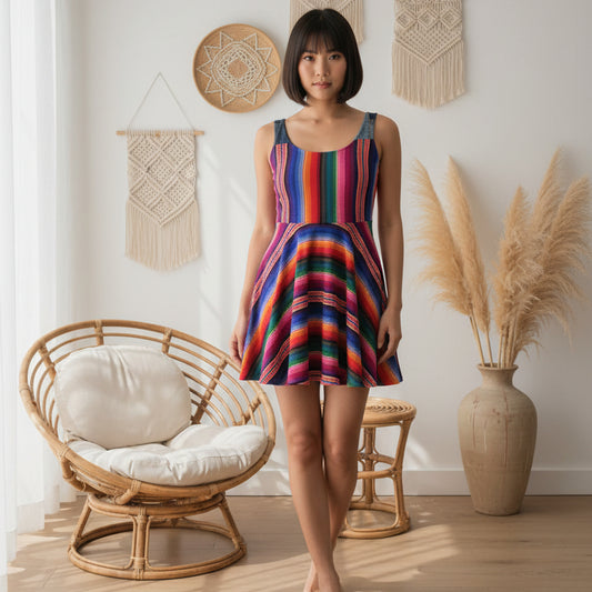 Vibrant Rainbow Striped Women's Skater Dress with a Flattering Silhouette and Playful Flare