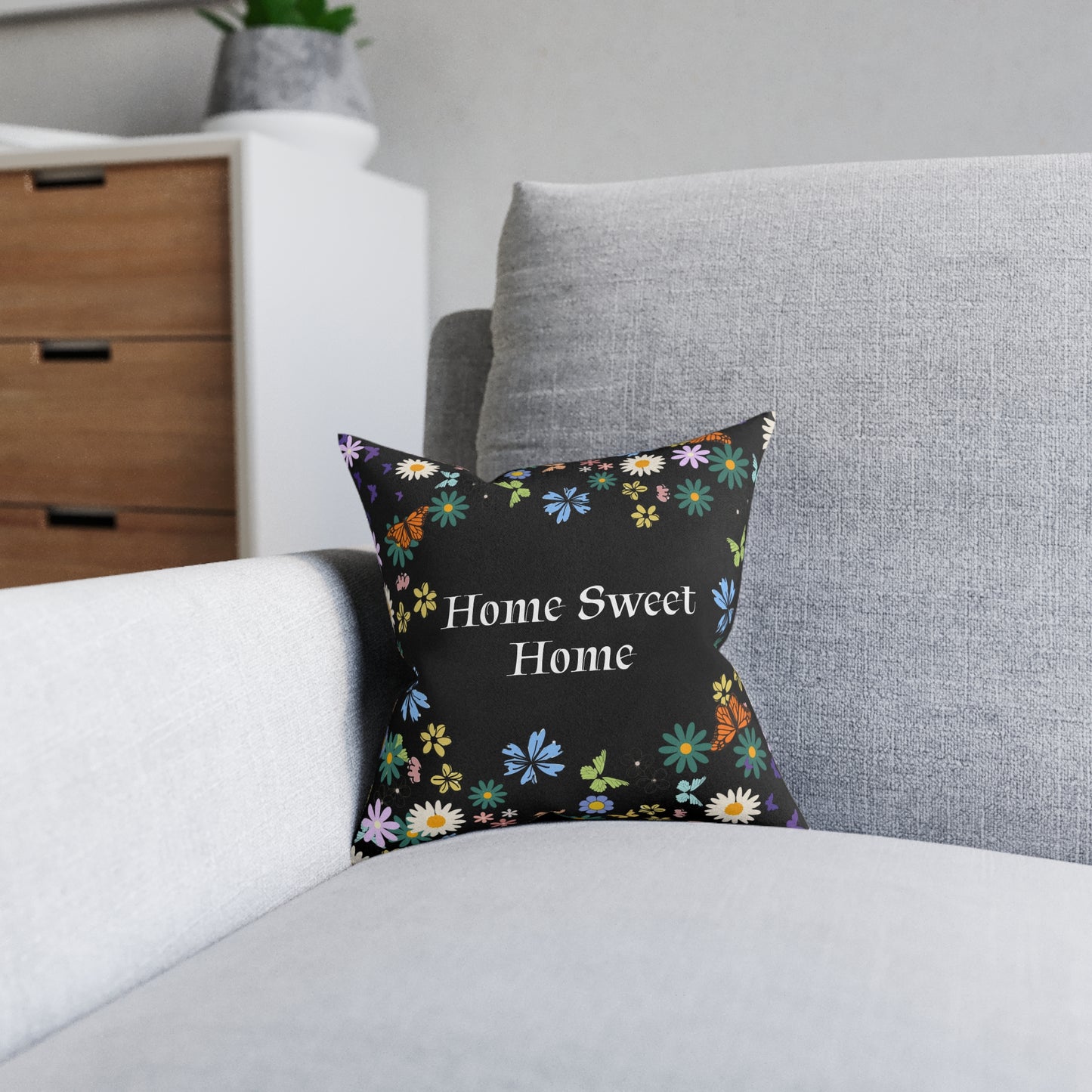 Floral Home Sweet Home Square Pillow - Cozy Decor for Living Room & Bedroom
