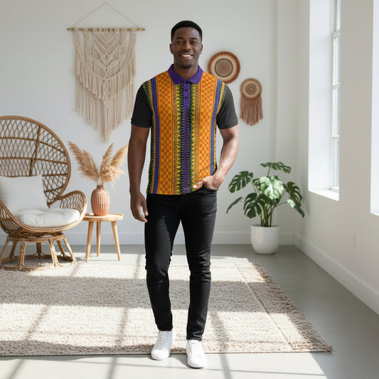 African Kente Stripe Polo Shirt — Vibrant Cultural Print Golf Polo