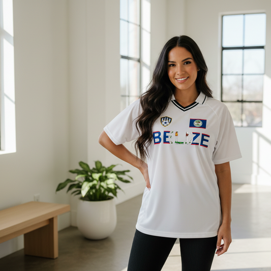 Belize Flag Themed Graphic Unisex Striped V-Neck Soccer Jersey