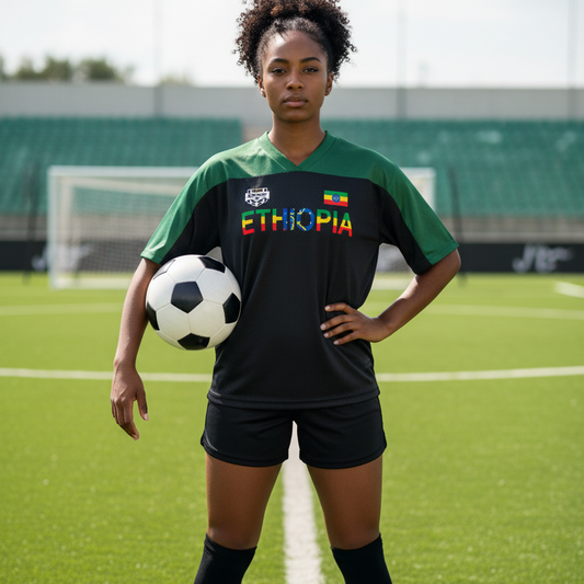 Ethiopia Flag Themed Graphic Mesh V-Neck Soccer Jersey
