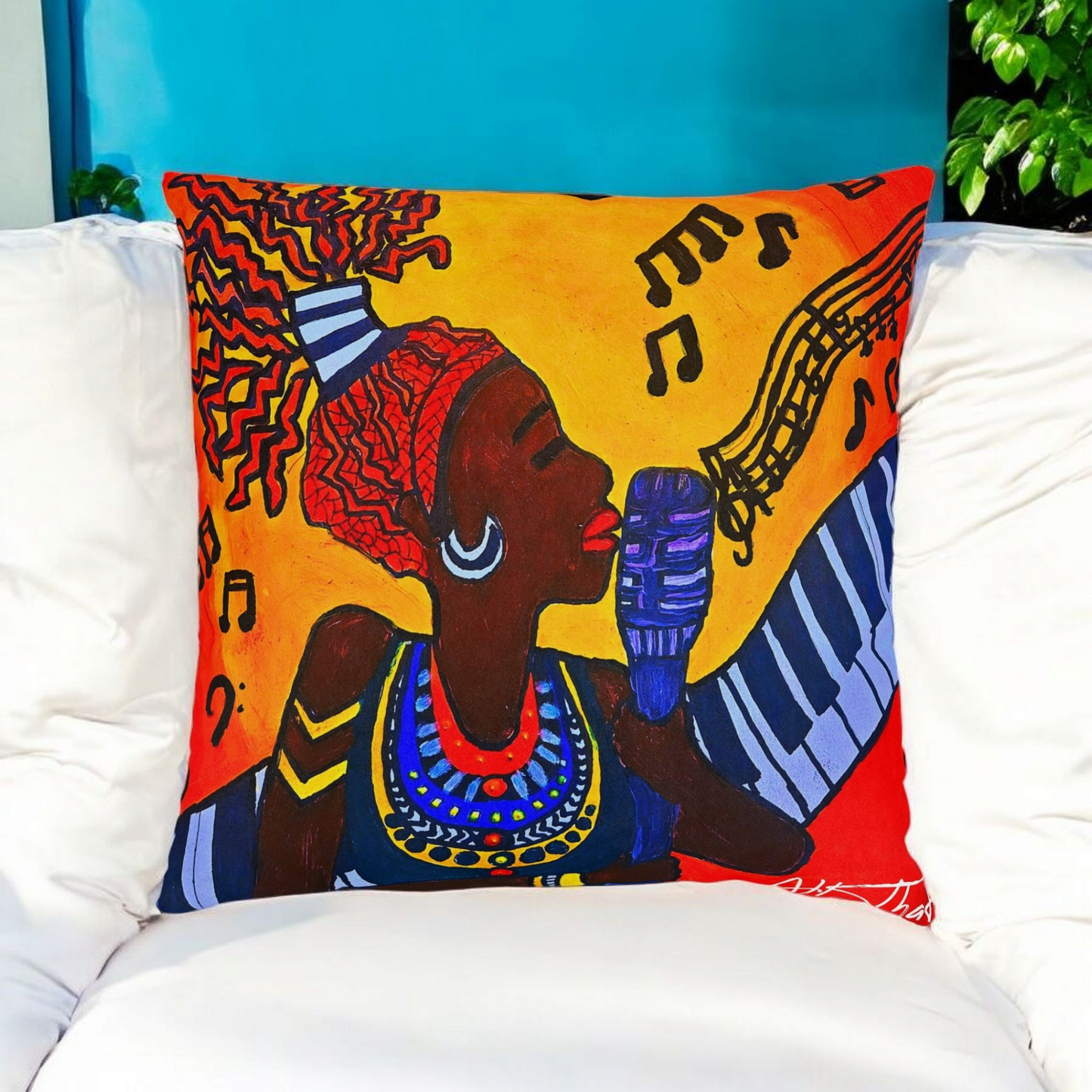 Musical Vibes Square Pillow | Colorful African American Art | Home Decor & Gifts