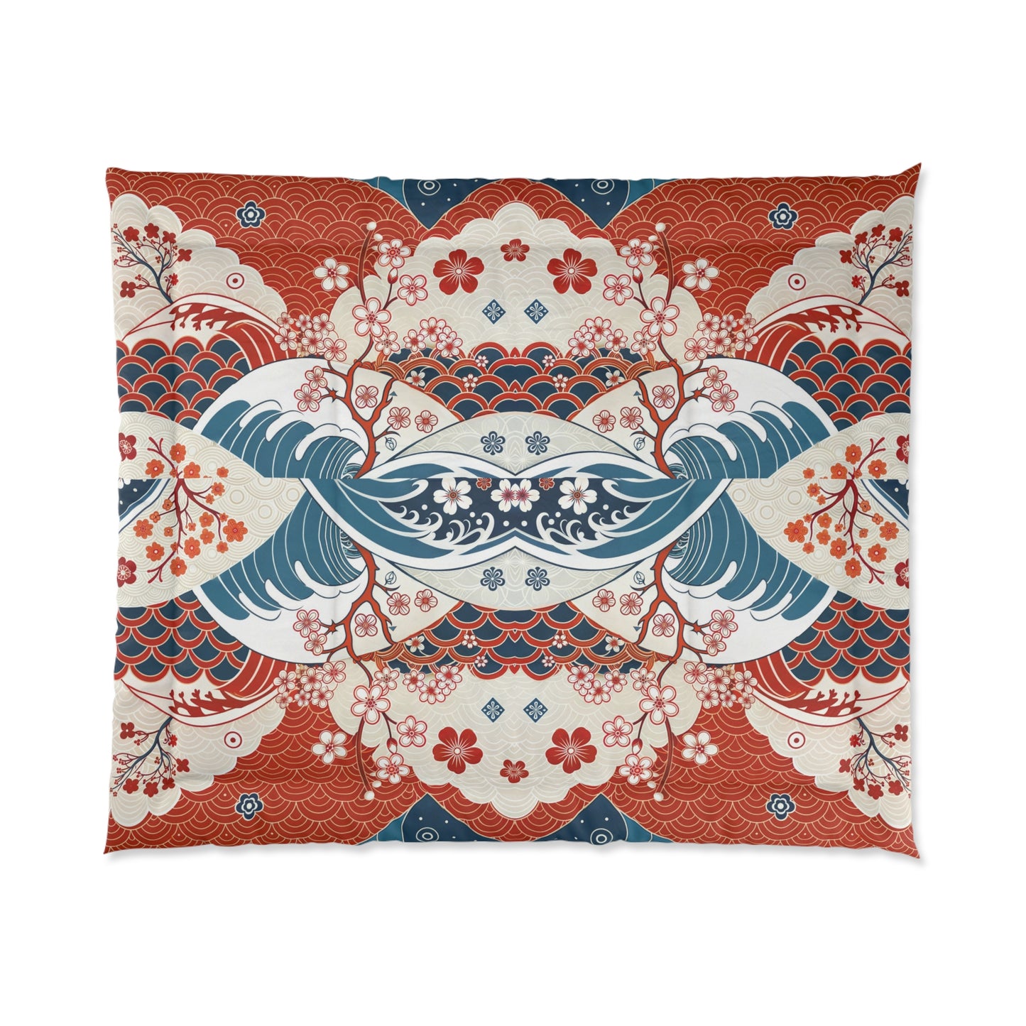 Elegant Floral Comforter, Boho Chic Bedding, Japanese Wave Design Quilt