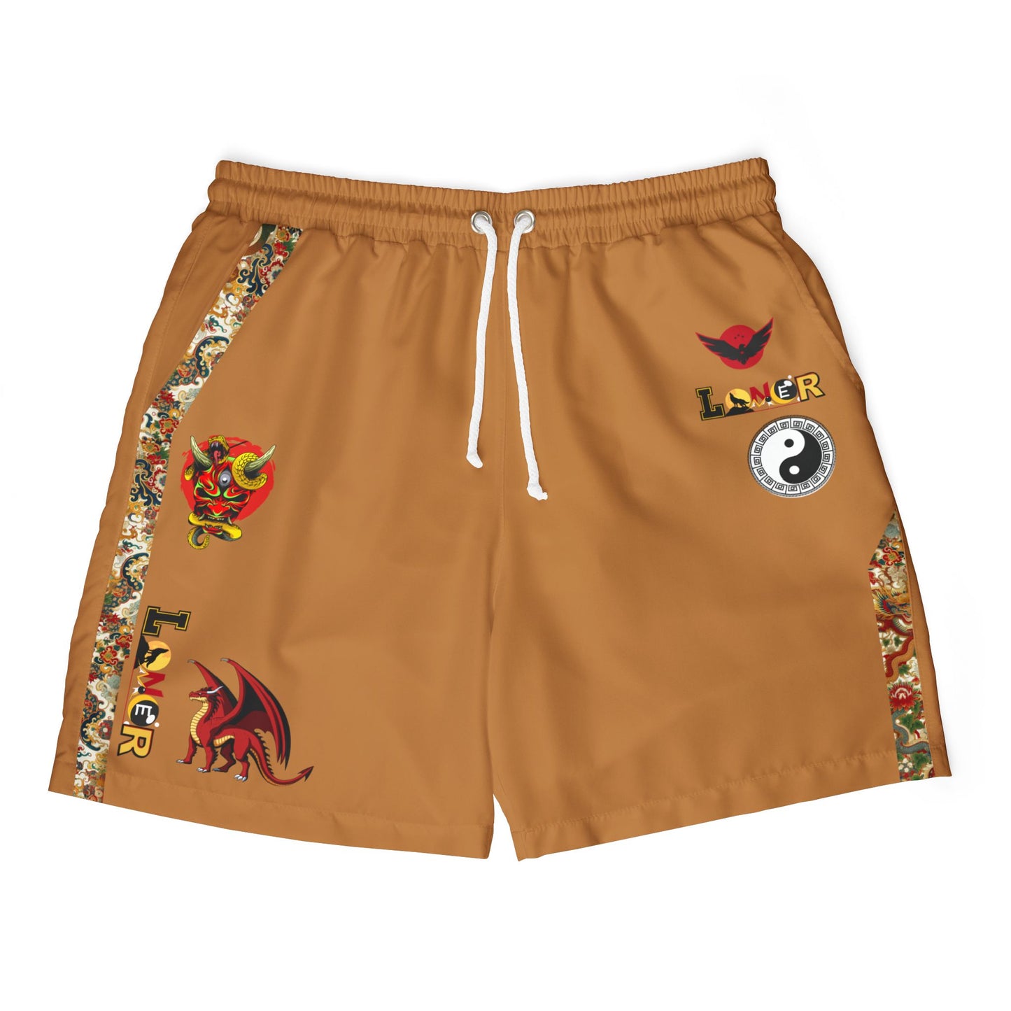 Floral, Dragon Themed Graphic Swim Shorts, Unisex Beachwear, Summer Essentials