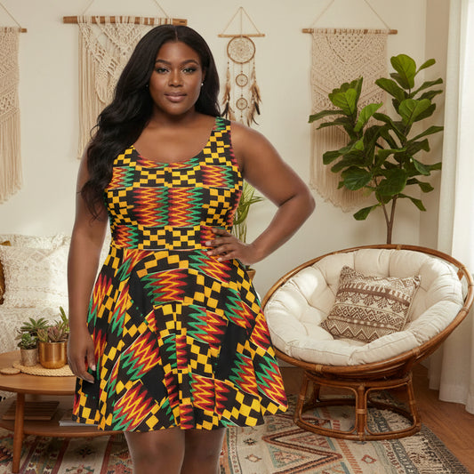 Kente Print Skater Dress — African-Inspired Bold Pattern Sundress