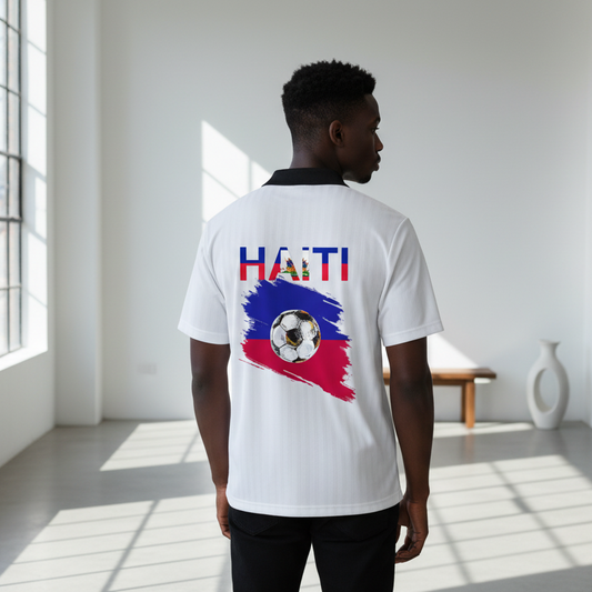 Haiti Flag Themed Contrast Collar Striped Soccer Jersey