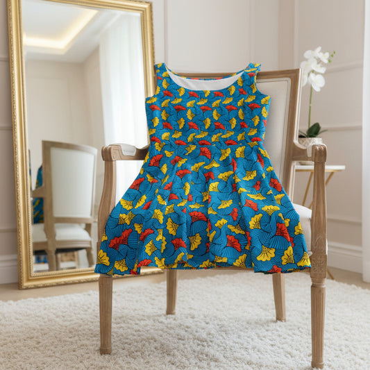 Tropical Leaf Skater Dress — Bright Blue All-Over Print Women's Dress