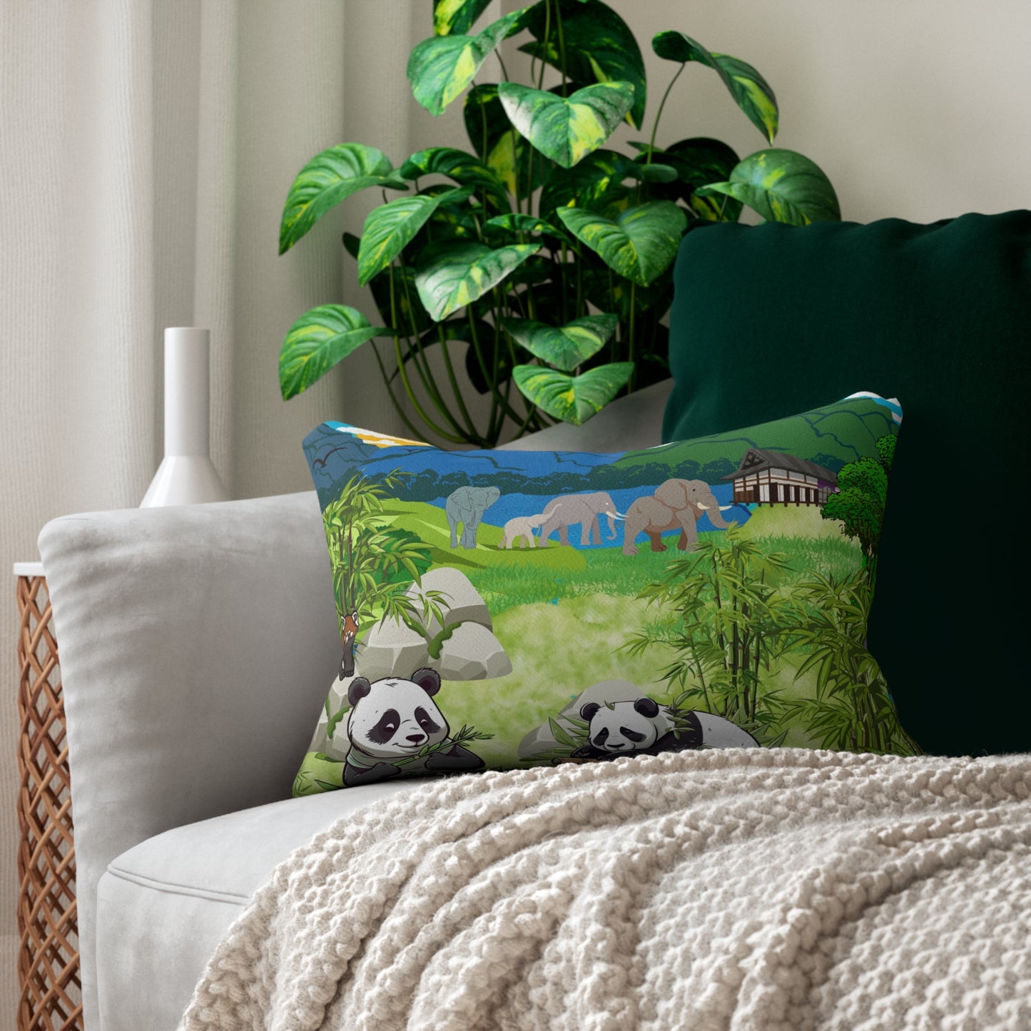 Cozy Wildlife Lumbar Pillow - Nature-Inspired Panda & Elephant Design