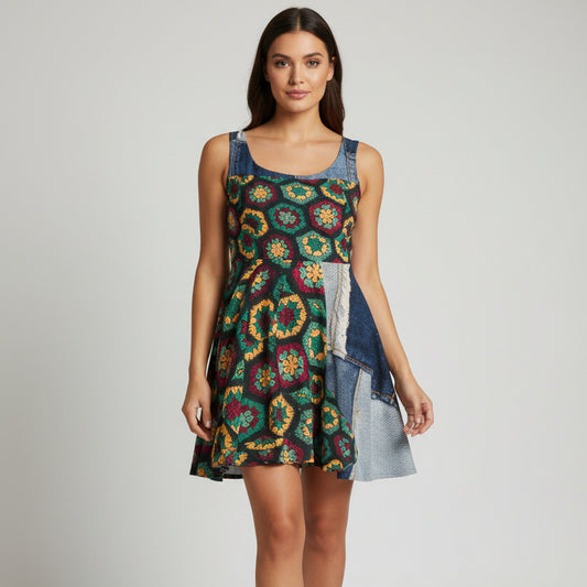 Crochet Hexagon Pattern Print Skater Dress — Retro Boho Floral Inspired