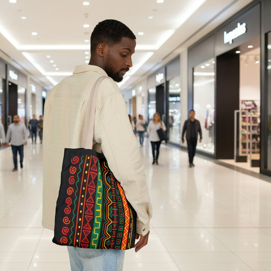 Afrocentric Pattern Canvas Tote — Colorful Tribal Stripe Beach & Market Bag