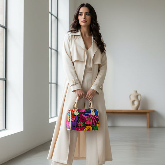 All Over Colorful Botanical and Ornithology Themed Classic Barrel-Shaped PU Leather Handbag