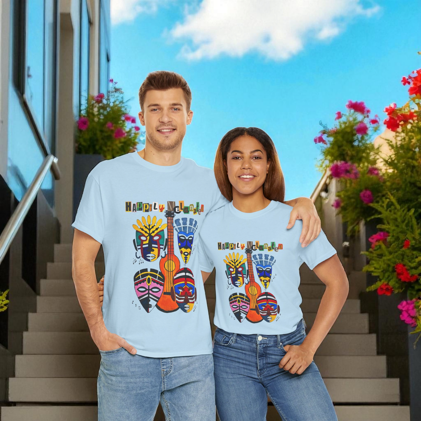 Guitar Art Tribal Masks Unisex Tee, Music Lover Graphic Shirt, Unique Handcrafted Tee