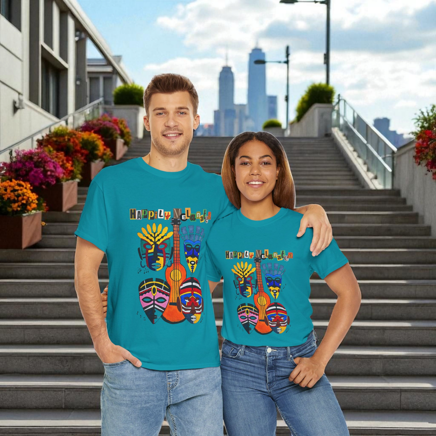 Guitar Art Tribal Masks Unisex Tee, Music Lover Graphic Shirt, Unique Handcrafted Tee