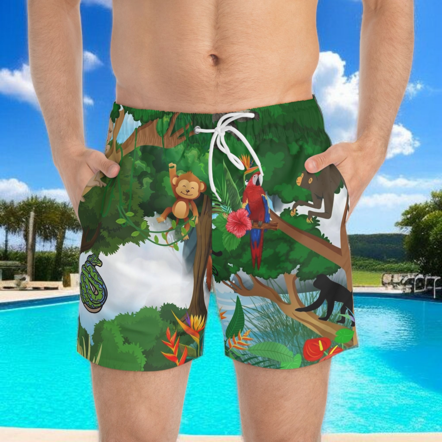 Tropical Jungle Swim Trunks for Men - Fun Animal Print Beachwear