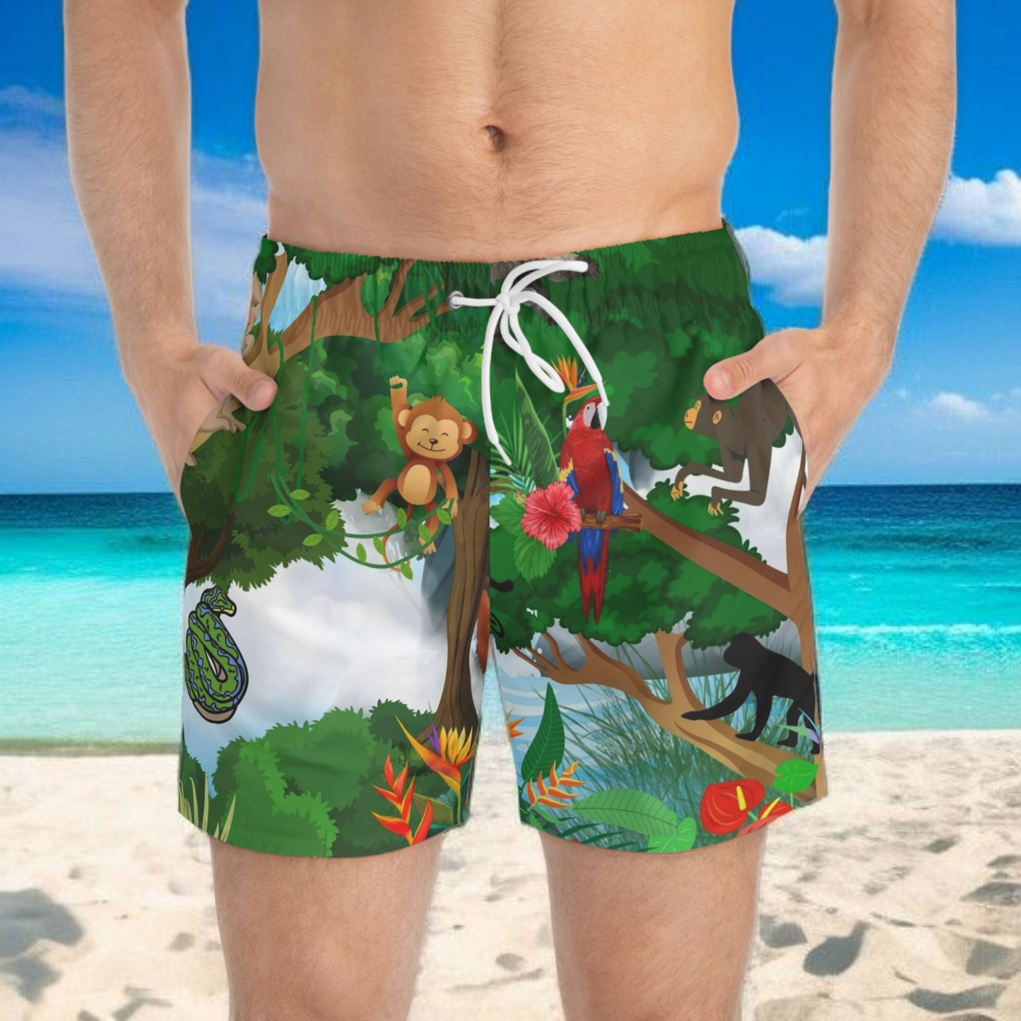 Tropical Jungle Swim Trunks for Men - Fun Animal Print Beachwear
