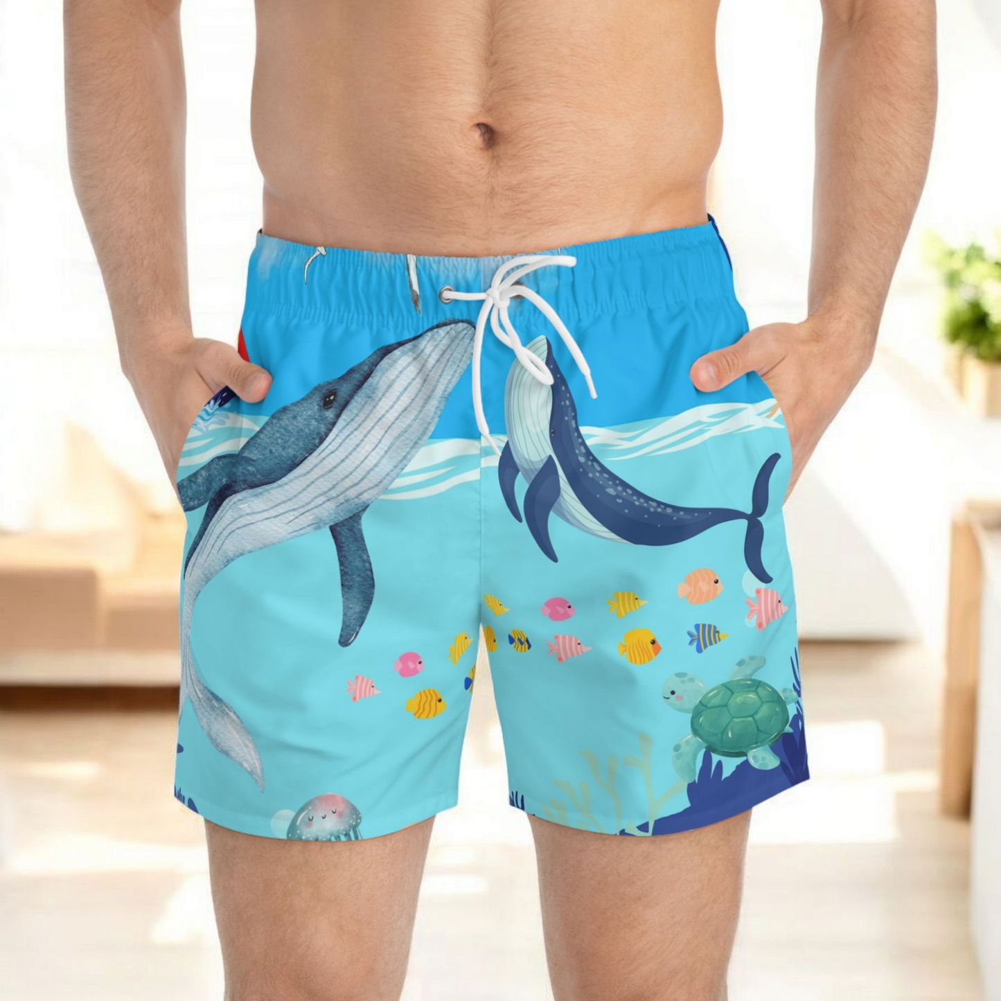 Ocean Adventure Swim Trunks - Fun Whale and Sea Life Design