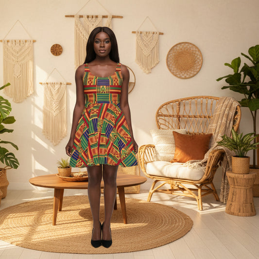 Kente Print Skater Dress – Vibrant African-Inspired AOP Sundress