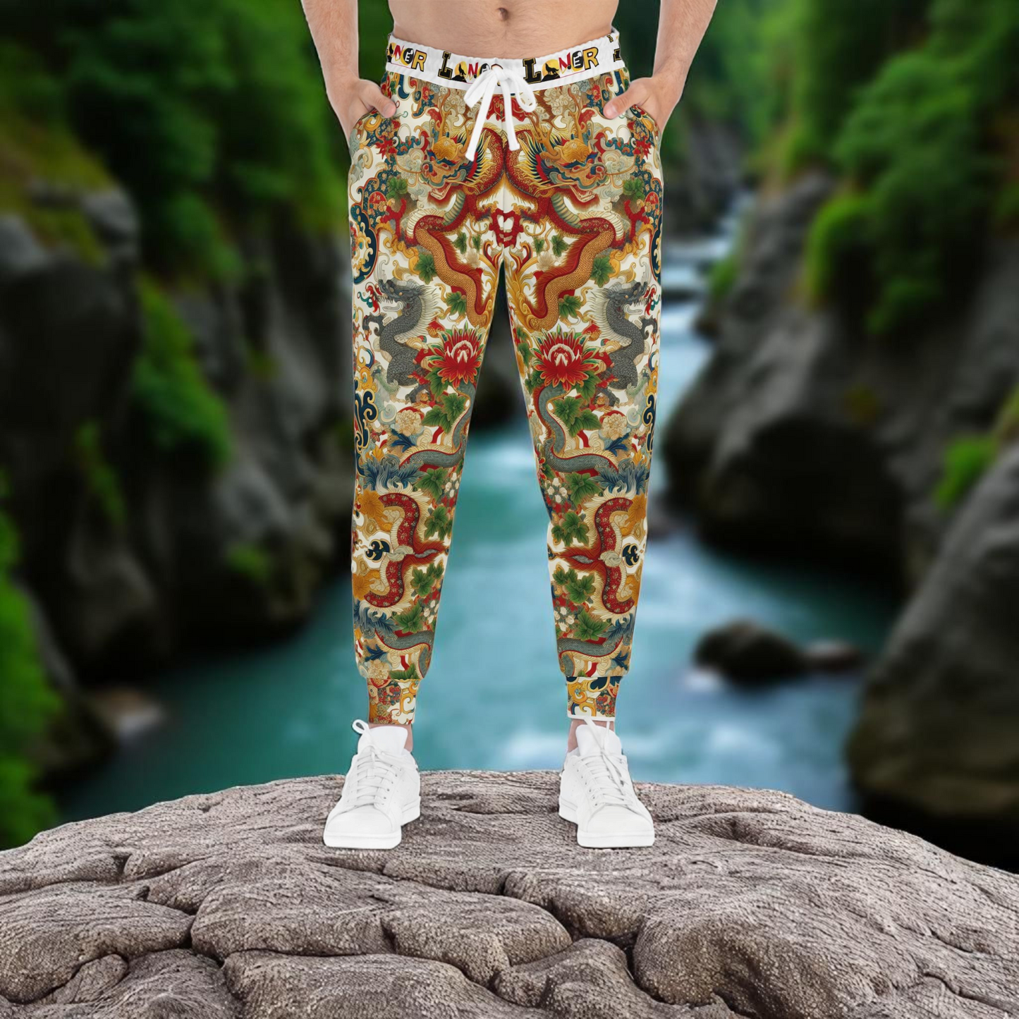 Vibrant Floral Dragon Print Athletic Joggers, Comfortable Unisex Sweatpants
