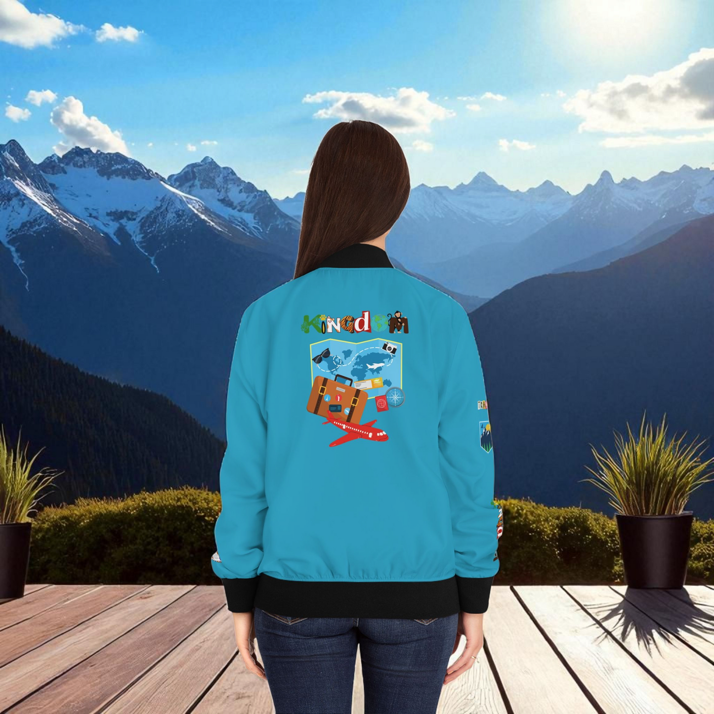 Explorer Themed Graphic Women's Bomber Jacket - Travel Enthusiast Vacation Mode
