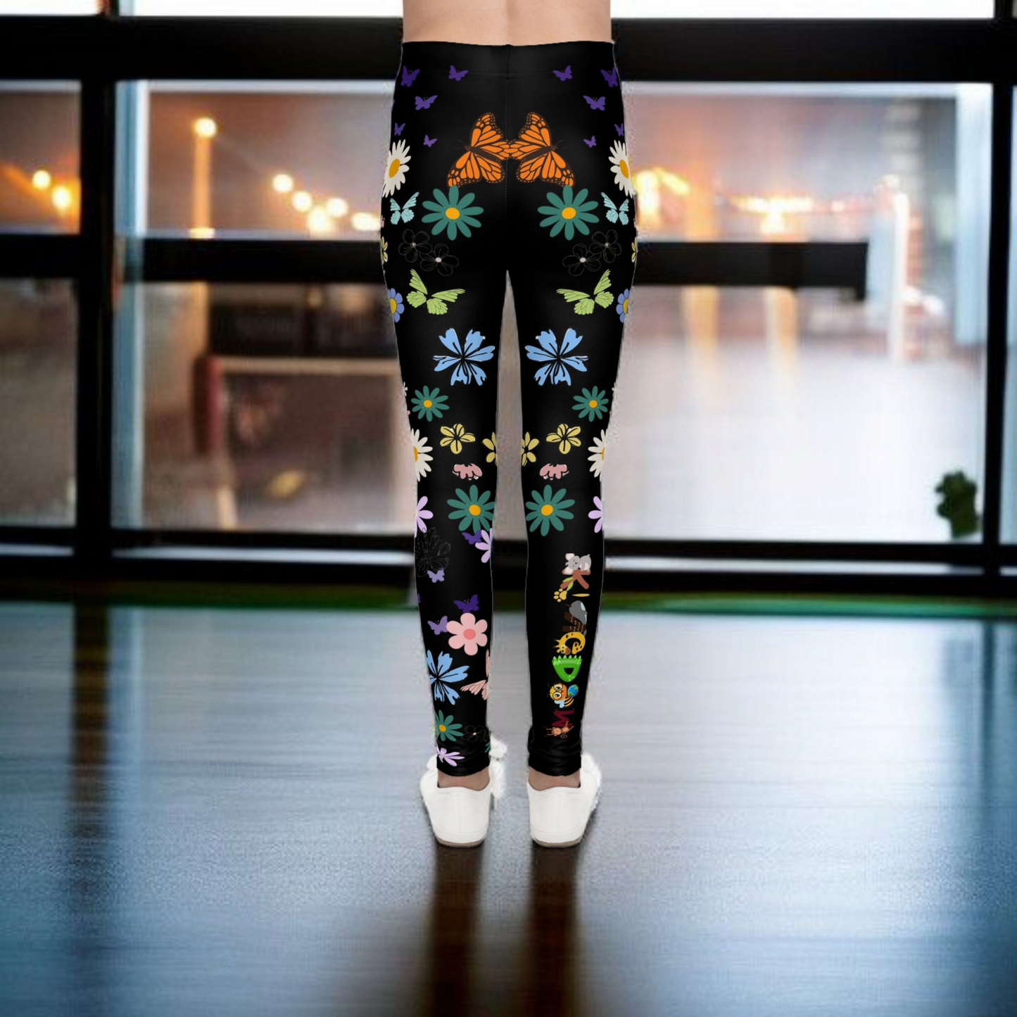 Colorful Floral Youth Leggings - Butterflies & Flowers Design