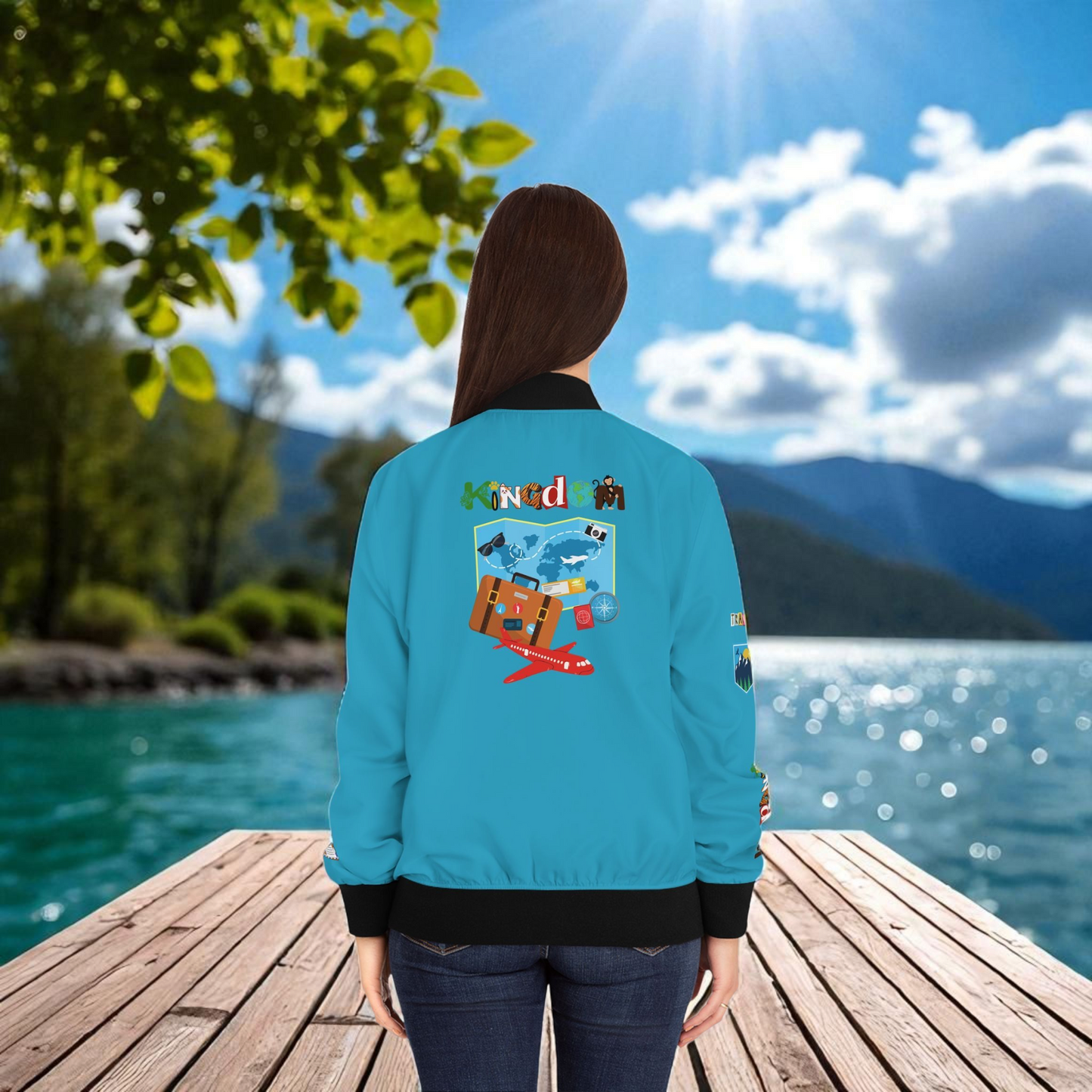 Explorer Themed Graphic Women's Bomber Jacket - Travel Enthusiast Vacation Mode
