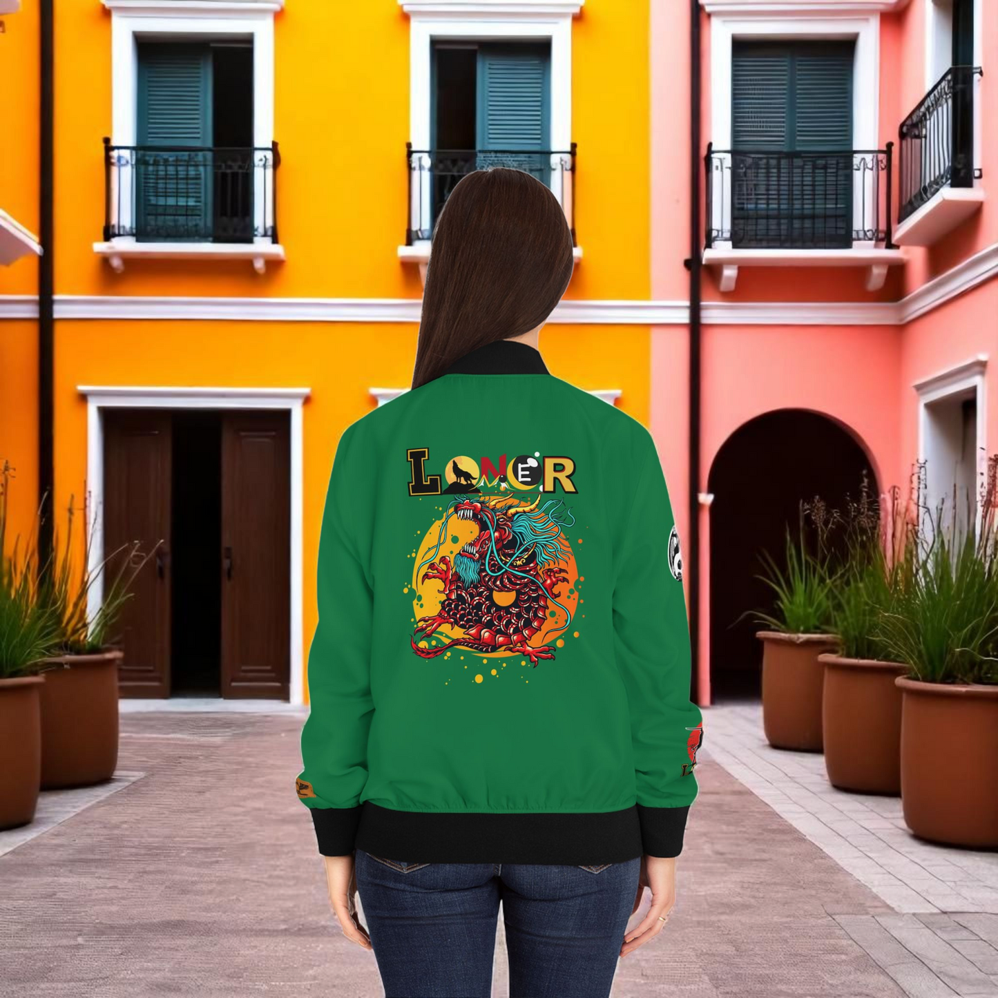 Dragon Graphic Women's Bomber Jacket, Mythical All Over Design, Zip Up Outerwear