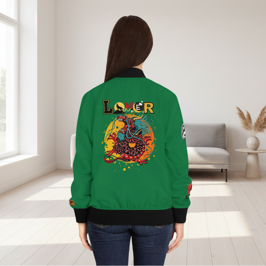 Dragon Graphic Women's Bomber Jacket, Mythical All Over Design, Zip Up Outerwear