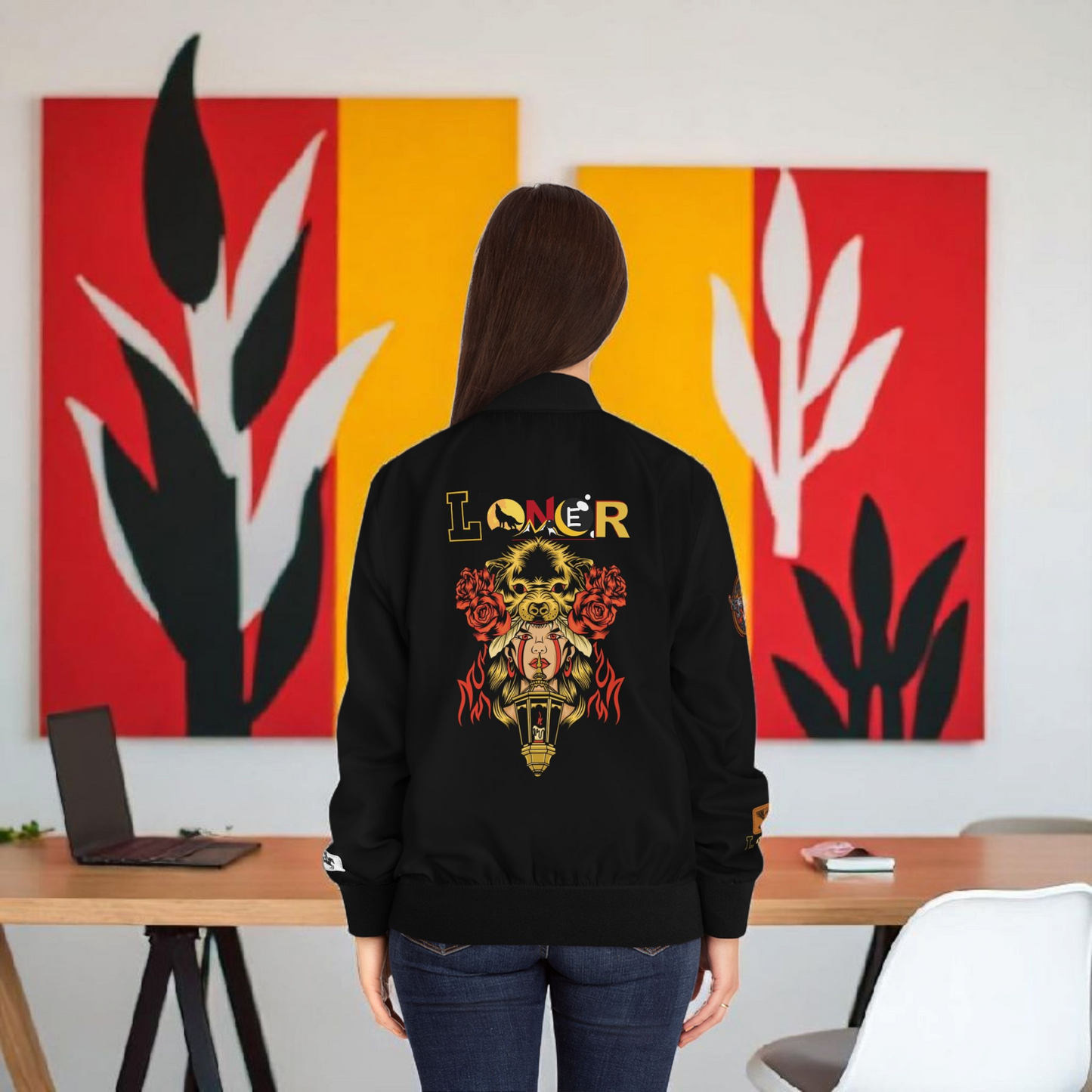 Wolf Themed Women's Bomber Jacket, Illusion Art Graphic Outerwear
