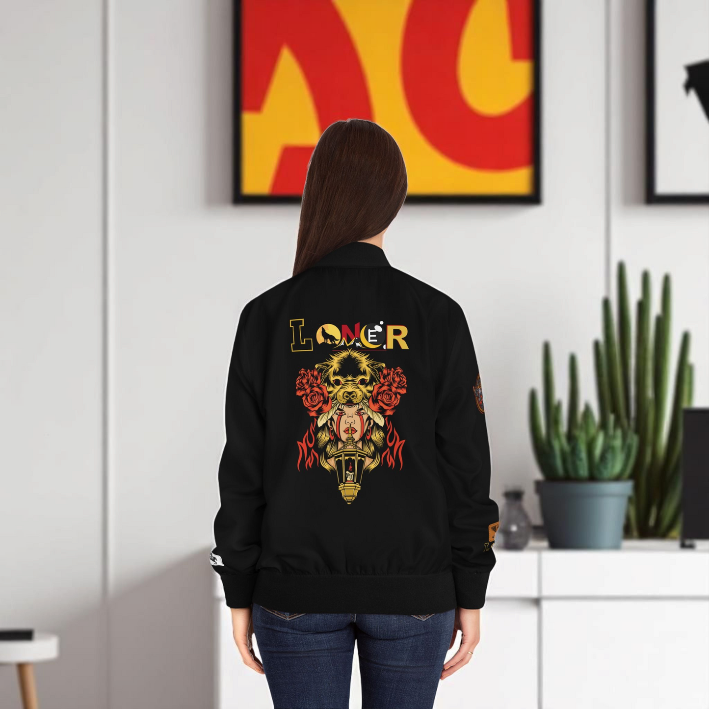 Wolf Themed Women's Bomber Jacket, Illusion Art Graphic Outerwear