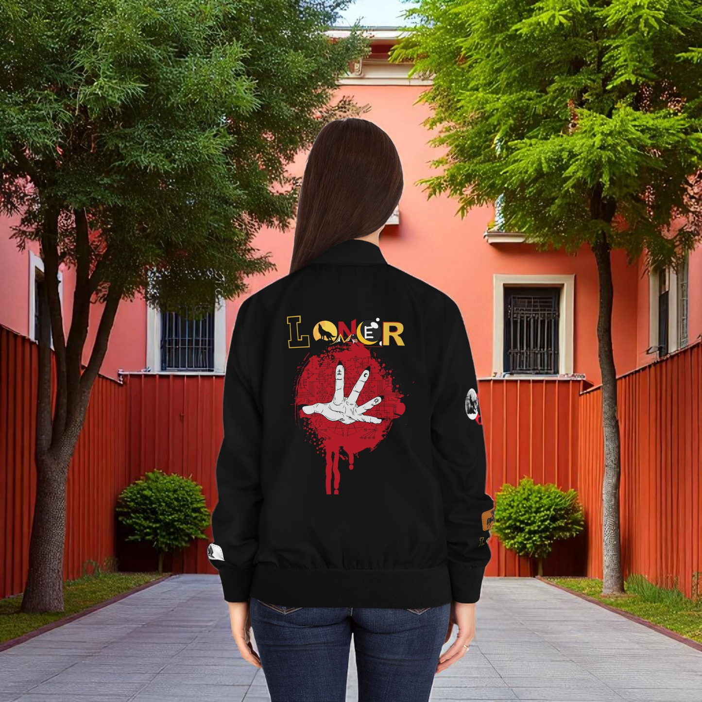 Gothic Bomber Jacket, Graphic Women's Coat, 3D Art Outerwear, Unique Hand Art Jacket