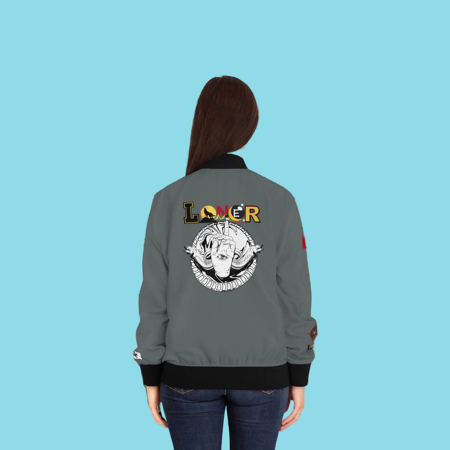 Gothic Bomber Jacket, Eye Art Women's Outerwear, Unique All Over Print Jacket