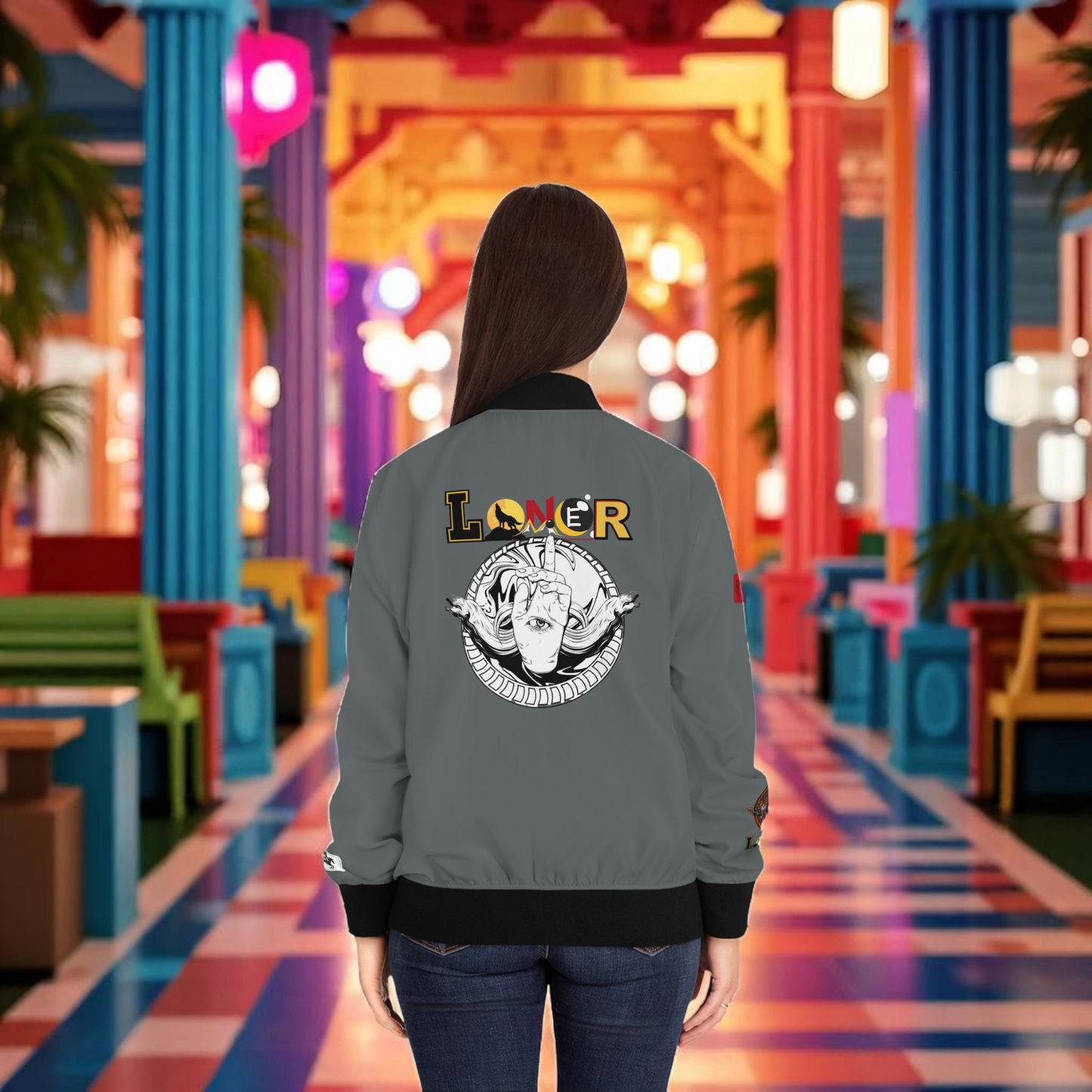 Gothic Bomber Jacket, Eye Art Women's Outerwear, Unique All Over Print Jacket