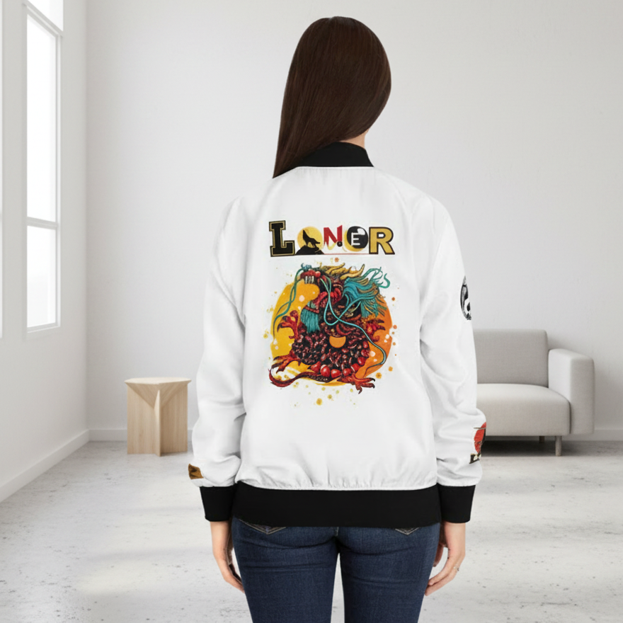 Dragon Graphic Women's Bomber Jacket, Mythical All Over Design, Zip Up Outerwear for Her