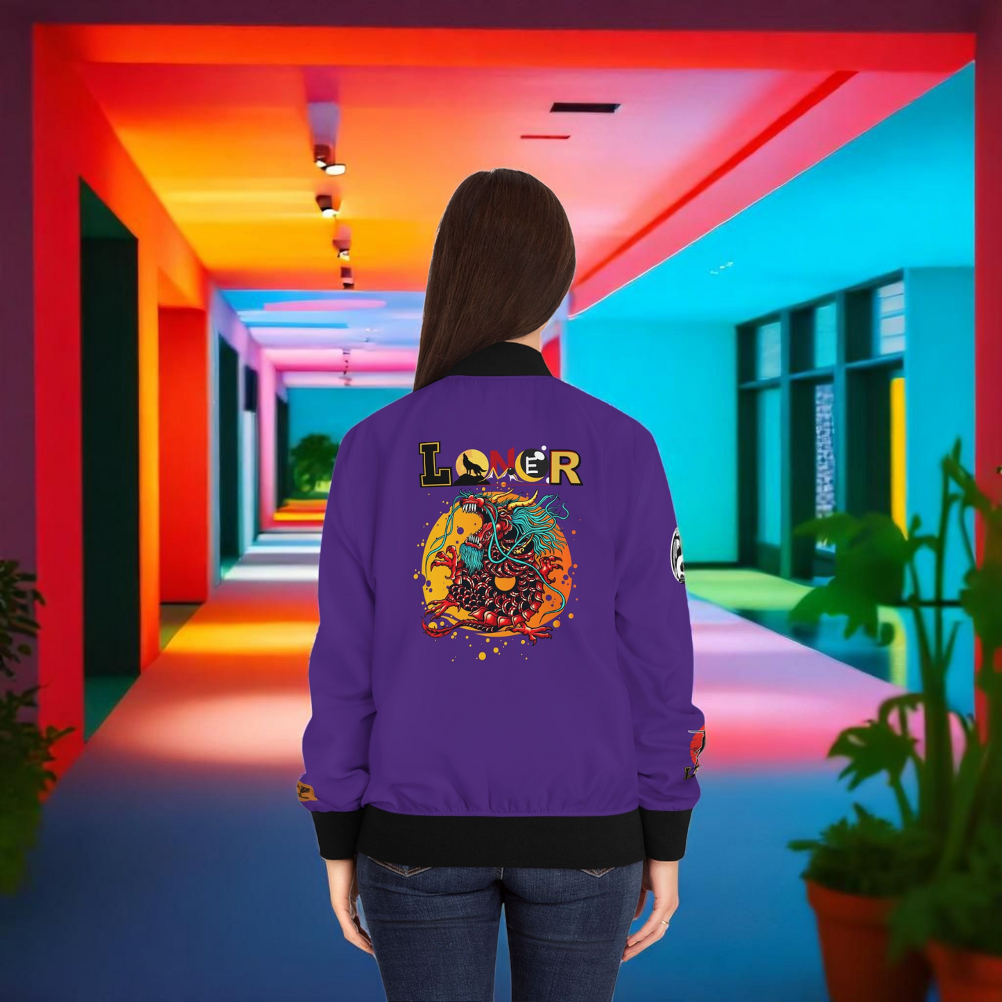 Dragon Graphic Women's Bomber Jacket, Mythical All Over Design