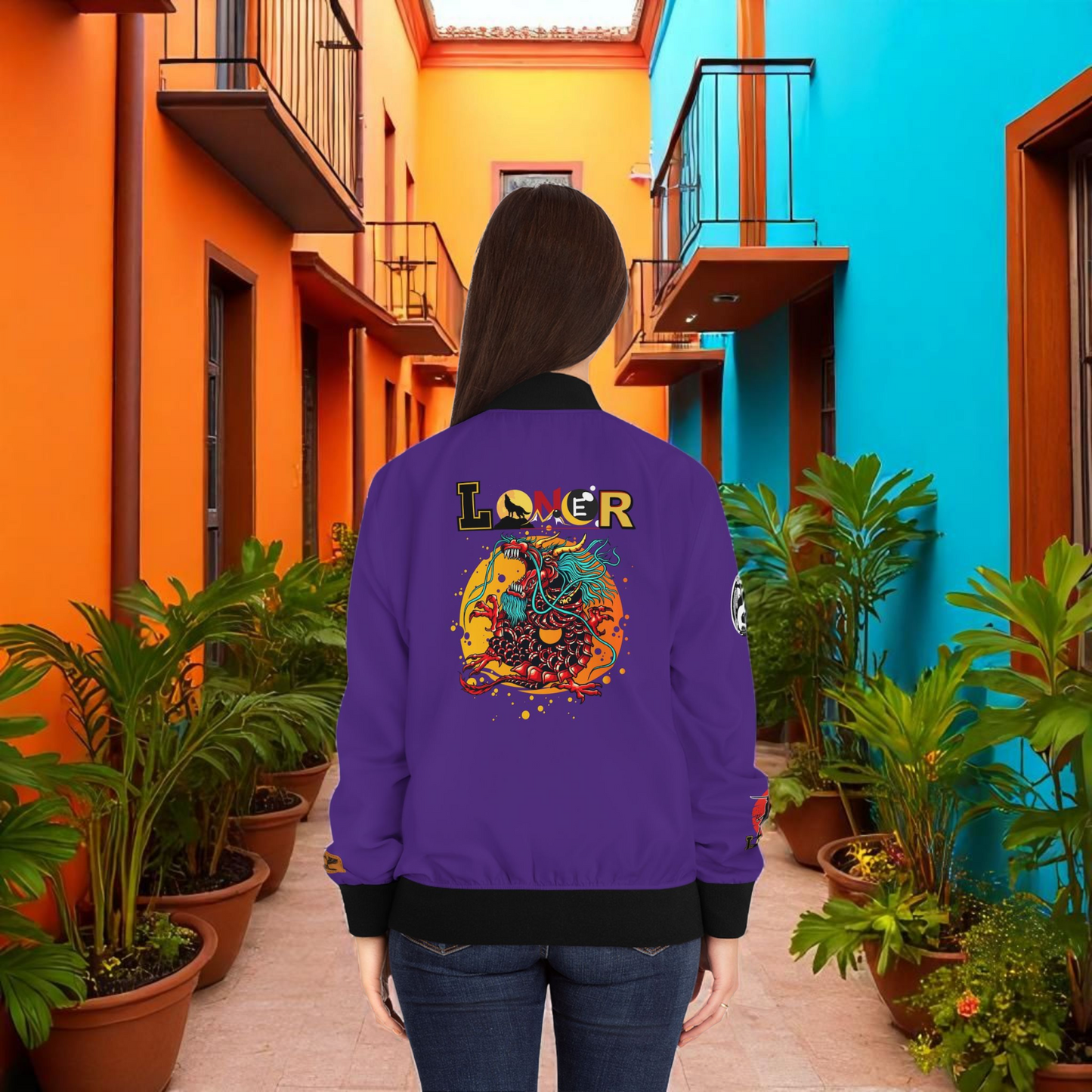 Dragon Graphic Women's Bomber Jacket, Mythical All Over Design