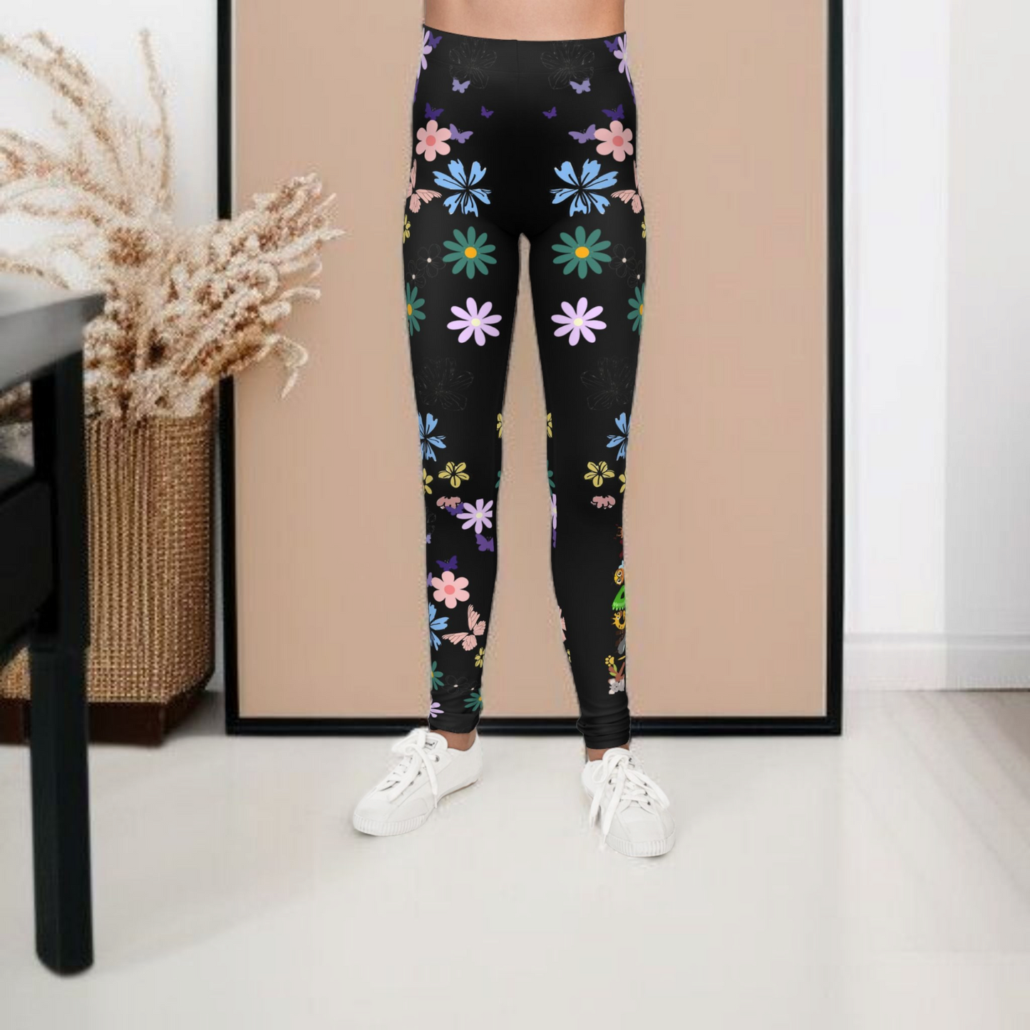 Colorful Floral Youth Leggings - Butterflies & Flowers Design