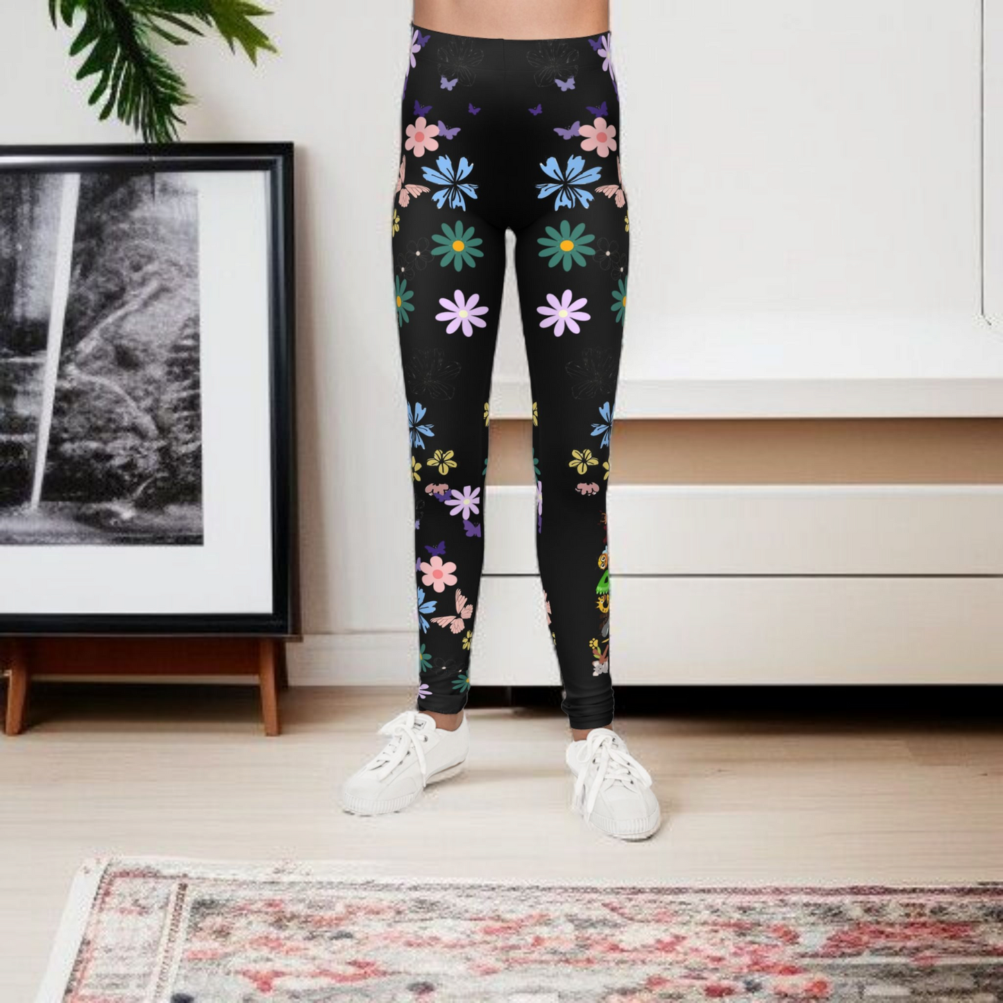 Colorful Floral Youth Leggings - Butterflies & Flowers Design