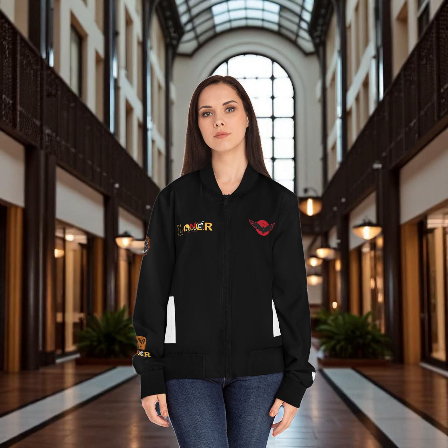Wolf Themed Women's Bomber Jacket, Illusion Art Graphic Outerwear