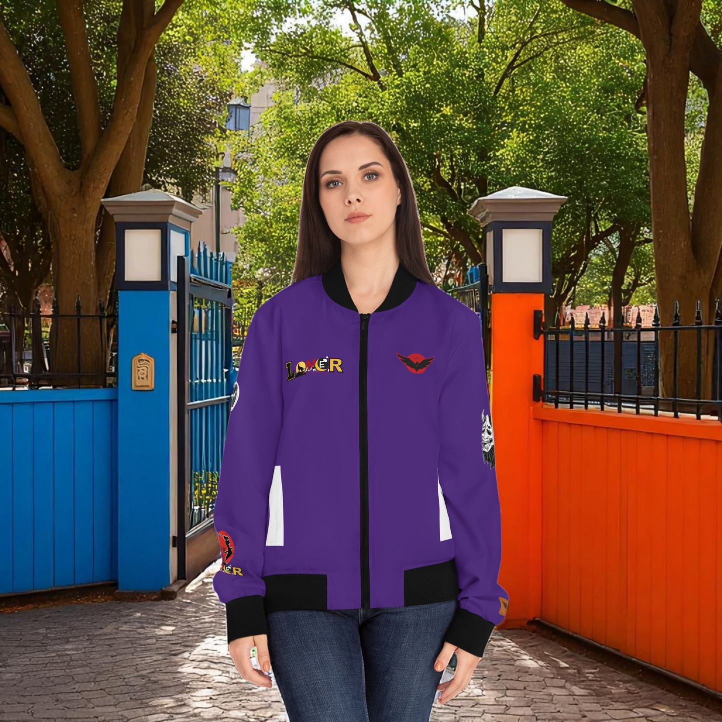 Dragon Graphic Women's Bomber Jacket, Mythical All Over Design