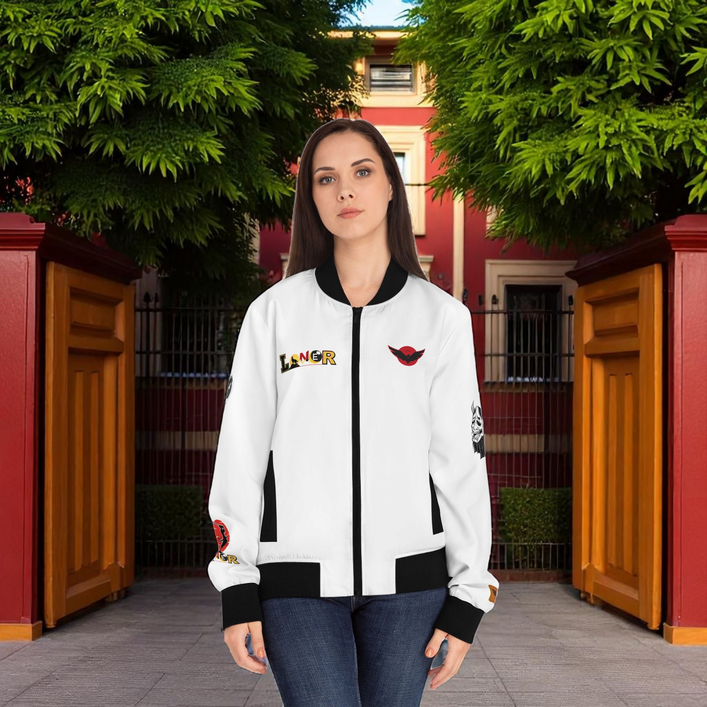 Dragon Graphic Women's Bomber Jacket, Mythical All Over Design, Zip Up Outerwear for Her