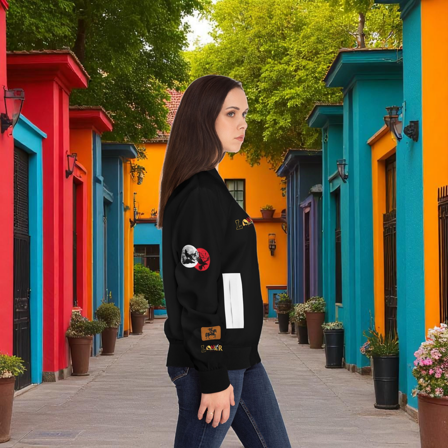 Gothic Bomber Jacket, Graphic Women's Coat, 3D Art Outerwear, Unique Hand Art Jacket