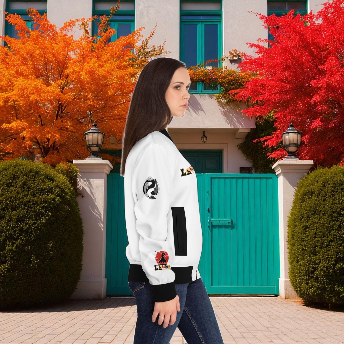 Dragon Graphic Women's Bomber Jacket, Mythical All Over Design, Zip Up Outerwear for Her