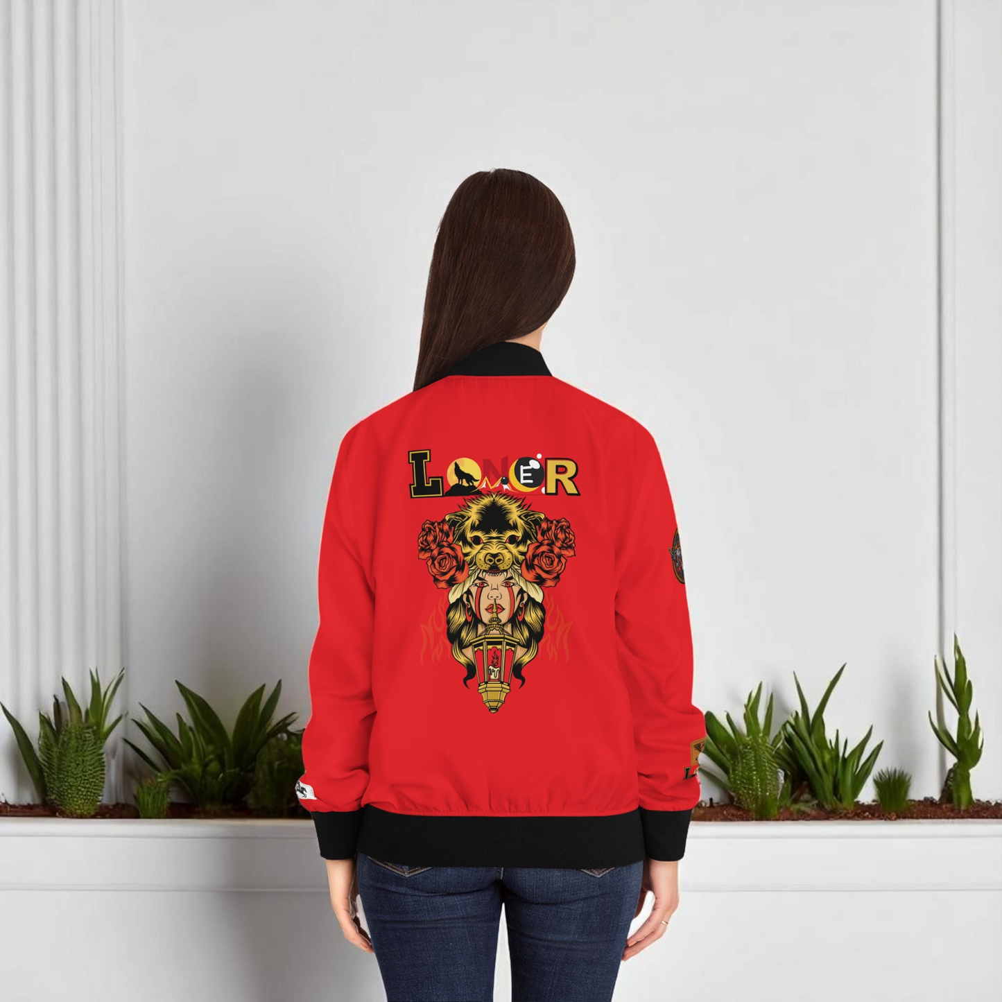 Wolf Themed Women's Bomber Jacket, Illusion Art Graphic Outerwear, Wild Animal Print Coat