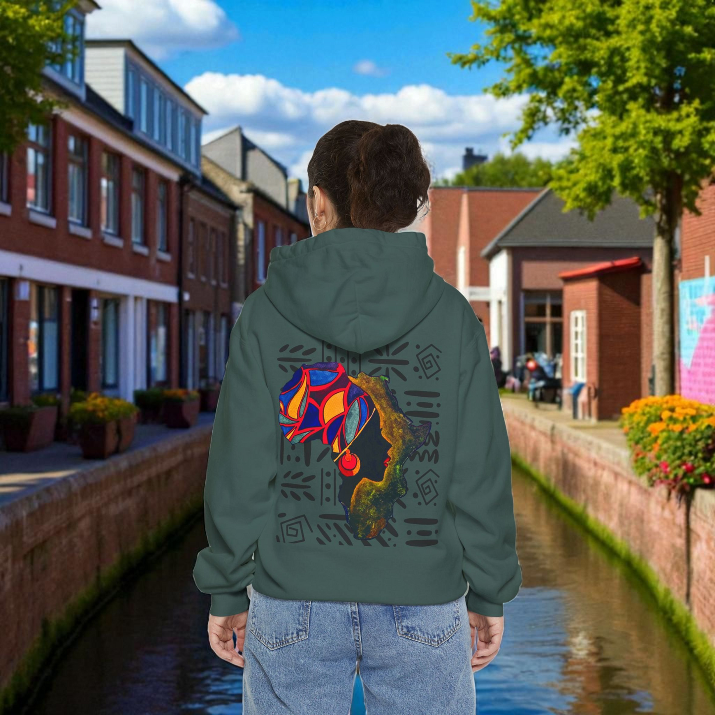 Boho African Continent Graphic Hoodie, Hand Drawn Unisex Garment-Dyed Hoodie