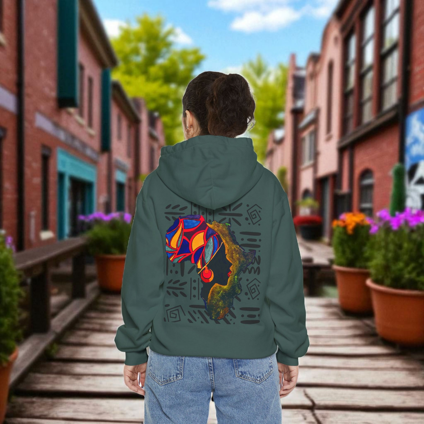 Boho African Continent Graphic Hoodie, Hand Drawn Unisex Garment-Dyed Hoodie