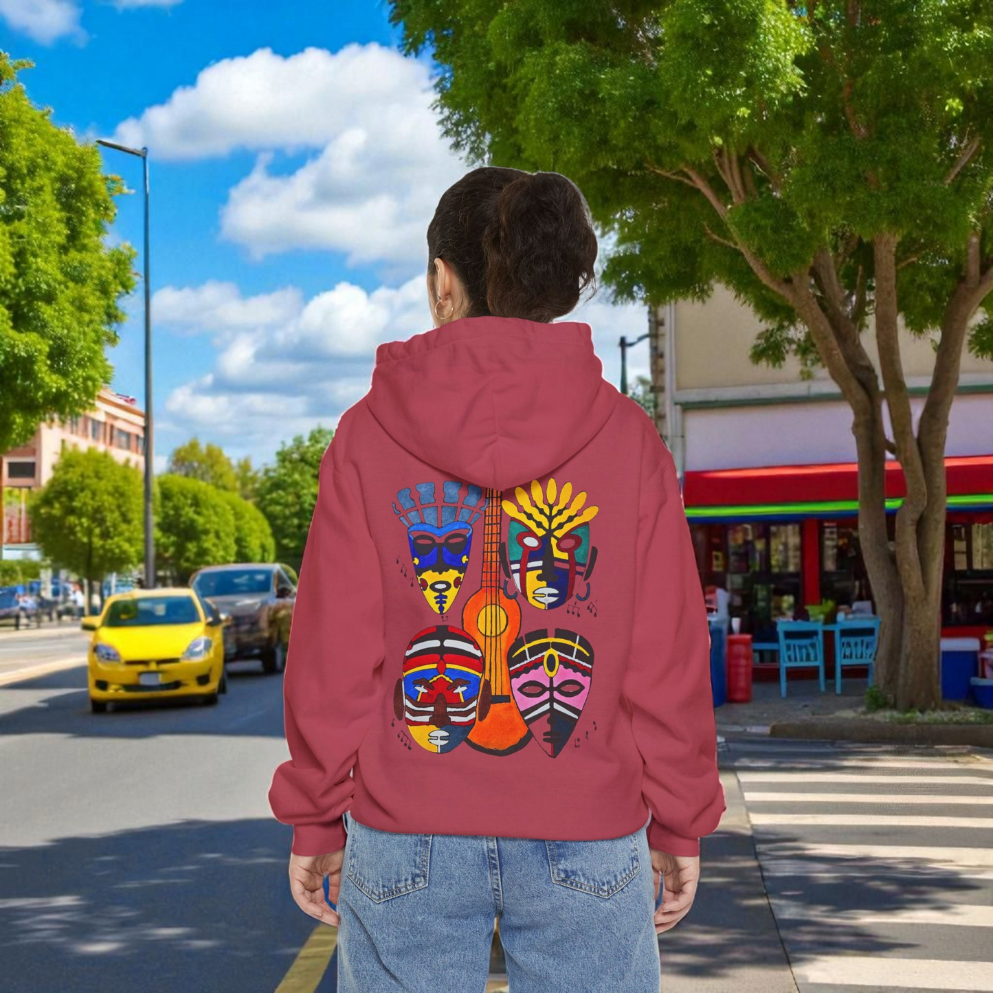 Ethnic Music Art Unisex Garment-Dyed Hoodie, Handcrafted Hooded Sweater
